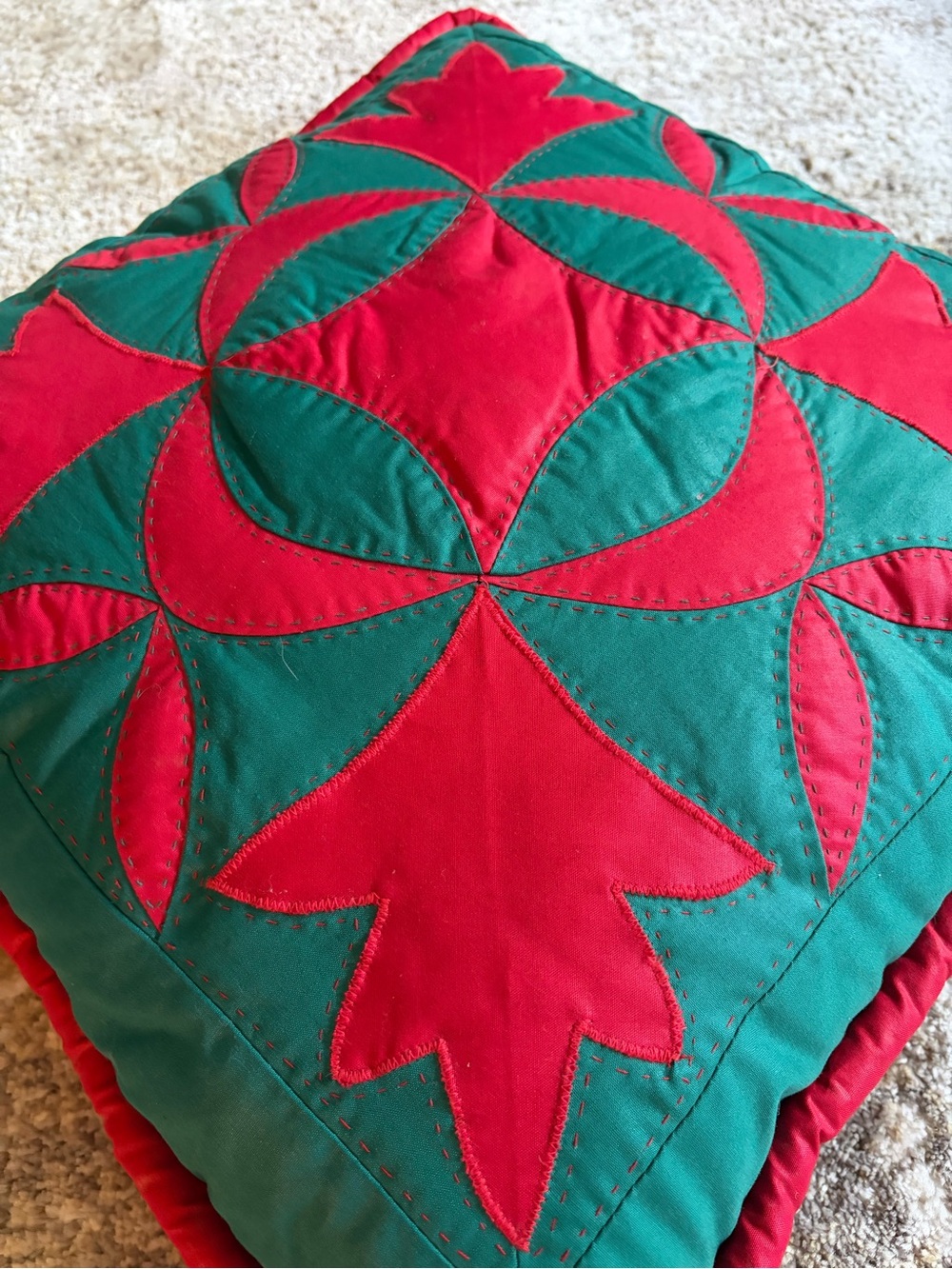 Handmade Appliqué Quilted Pillow 18” Red Green Folk Art Holiday Christmas